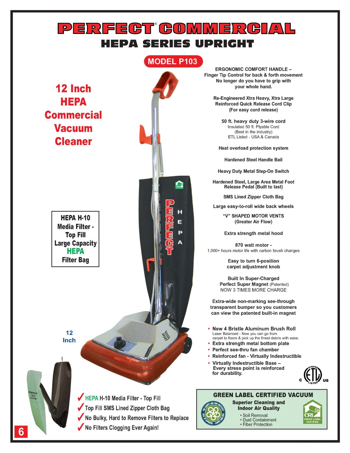 Perfect P103 12 Inch HEPA Upright Vacuum Discount Vacs