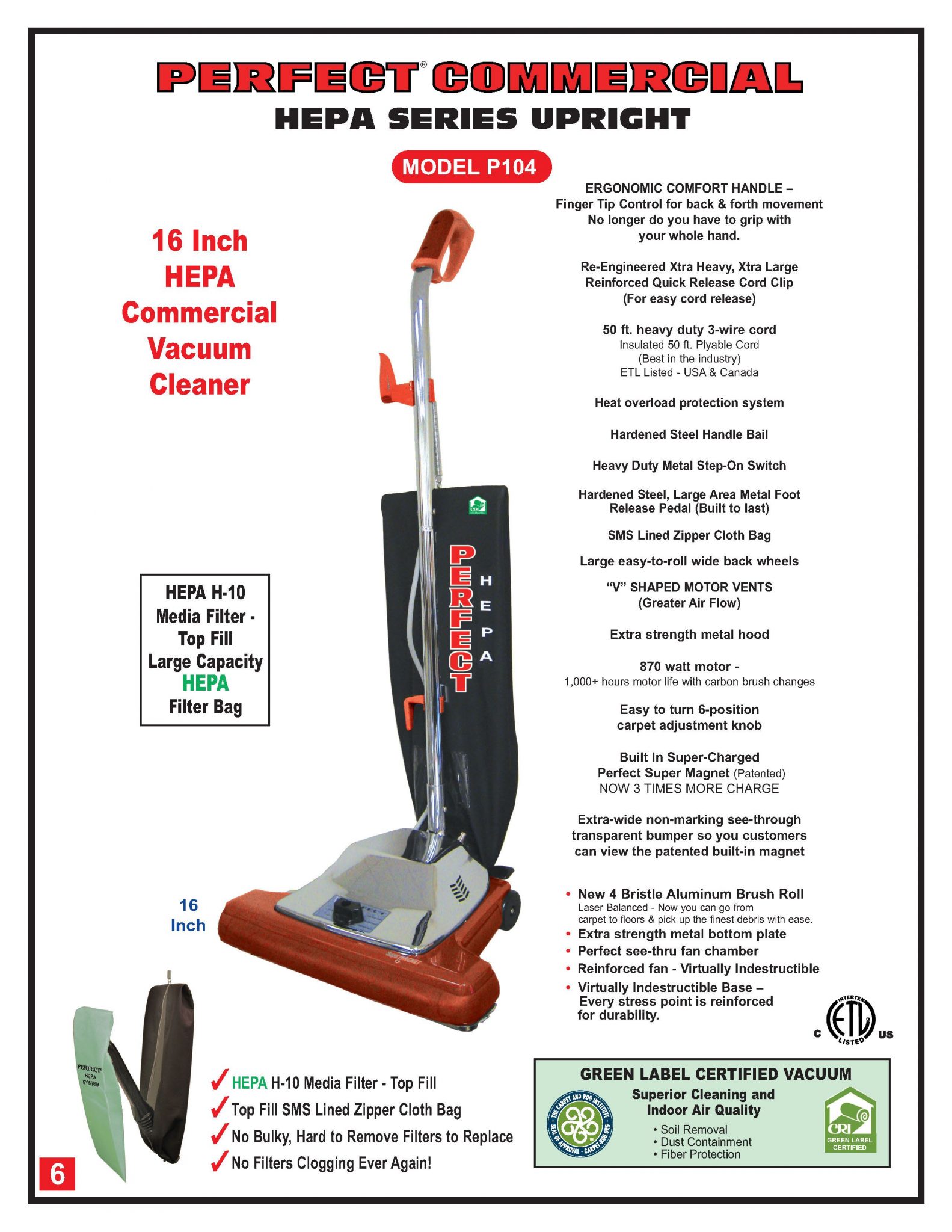 Perfect P104 16 Inch HEPA Commercial Upright Vacuum Discount Vacs